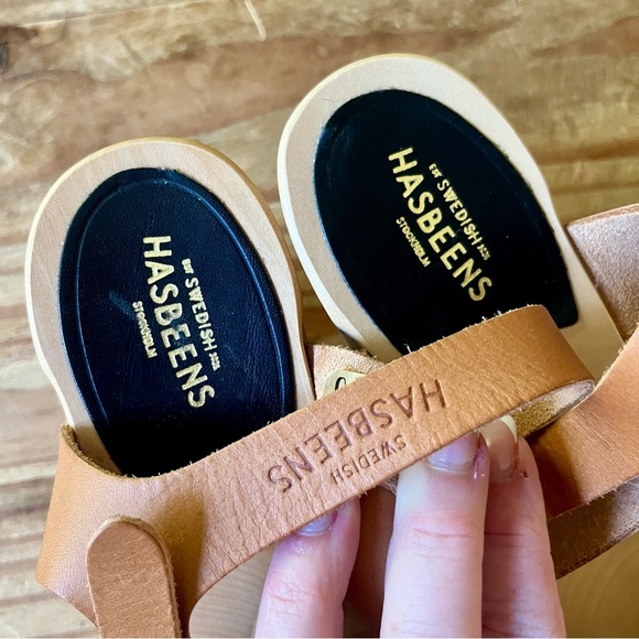 Swedish Hasbeens Merci Clog Sandals Leather Brown Tan Wood Heel Size 11 - Picture 7 of 13